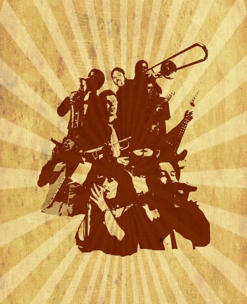 Collageartiges Bild einer Soulband mit mehreren Musikern, die verschiedene Instrumente spielen – darunter Trompete, Posaune, Gitarre, Saxophon und Mikrofon. Das Bild ist im Retro-Grunge-Stil gestaltet, in Sepiatönen gehalten, mit strahlenförmigem Hintergr